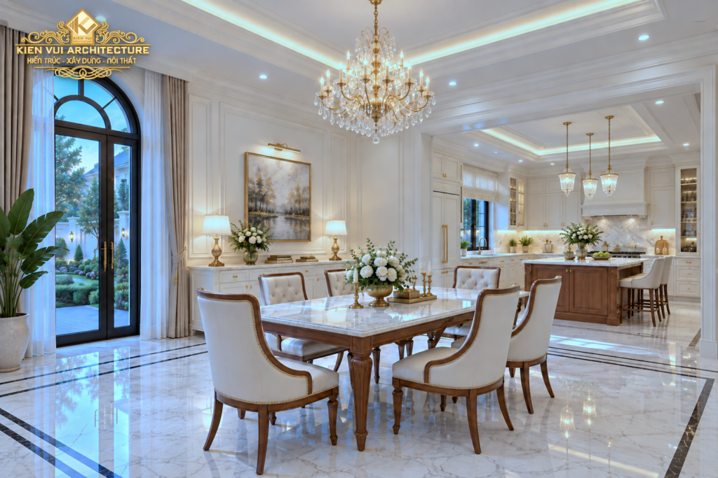 Phối cảnh bàn ăn ghế bọc sáng màu, đèn trang trí và khu bếp phía sau