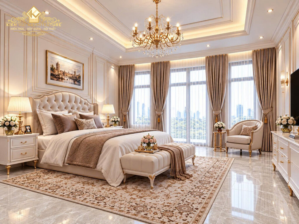 Phòng ngủ tông be với đầu giường bọc nệm, ghế cuối giường và rèm dài