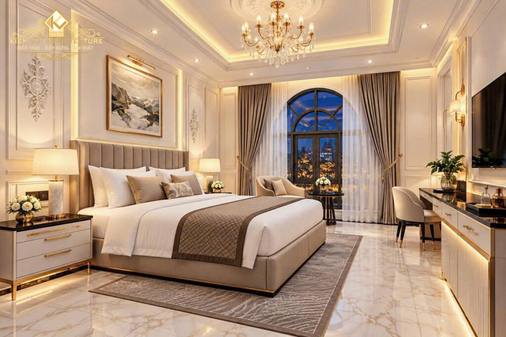 Thiết kế khách sạn với phòng ngủ giường đôi tân cổ điển, đèn chùm và cửa kính vòm