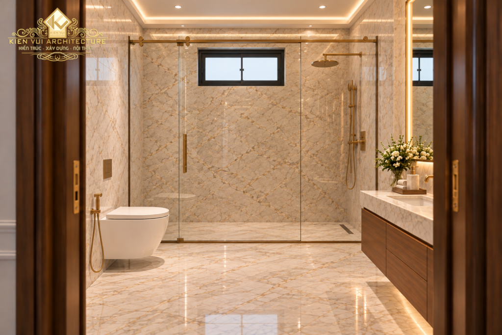 Phòng tắm biệt thự ốp đá sáng màu với khu tắm kính phía cuối, bồn cầu và tủ lavabo bên phải.