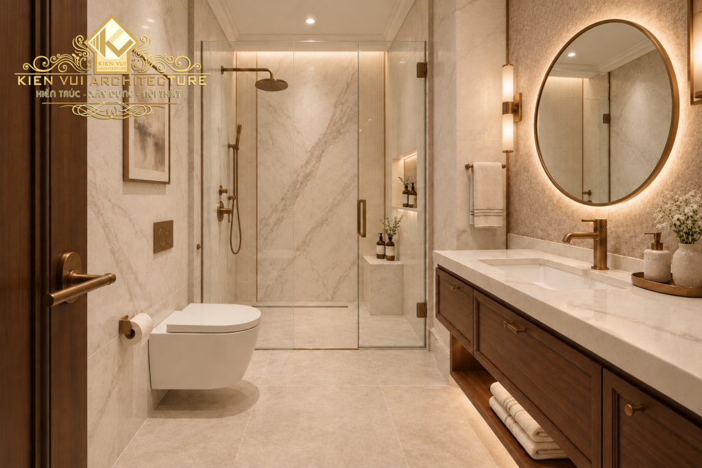 Phòng tắm biệt thự với gương tròn, tủ lavabo gỗ và khu tắm đứng ngăn kính