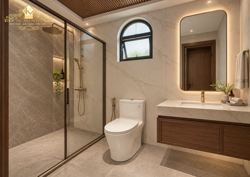 Phòng tắm với khu tắm kính bên trái, bồn cầu ở giữa, tủ lavabo gỗ và cửa sổ vòm nhỏ.
