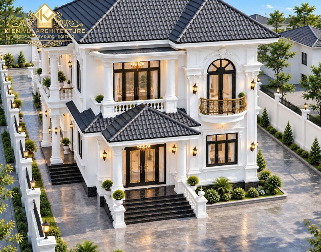 Phối cảnh từ trên cao biệt thự hai tầng màu trắng với mái ngói xám, cửa vòm và sân lát đá.