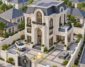 Phối cảnh góc cao biệt thự Chú Hải tại Di Linh với mái Mansard và sân trước