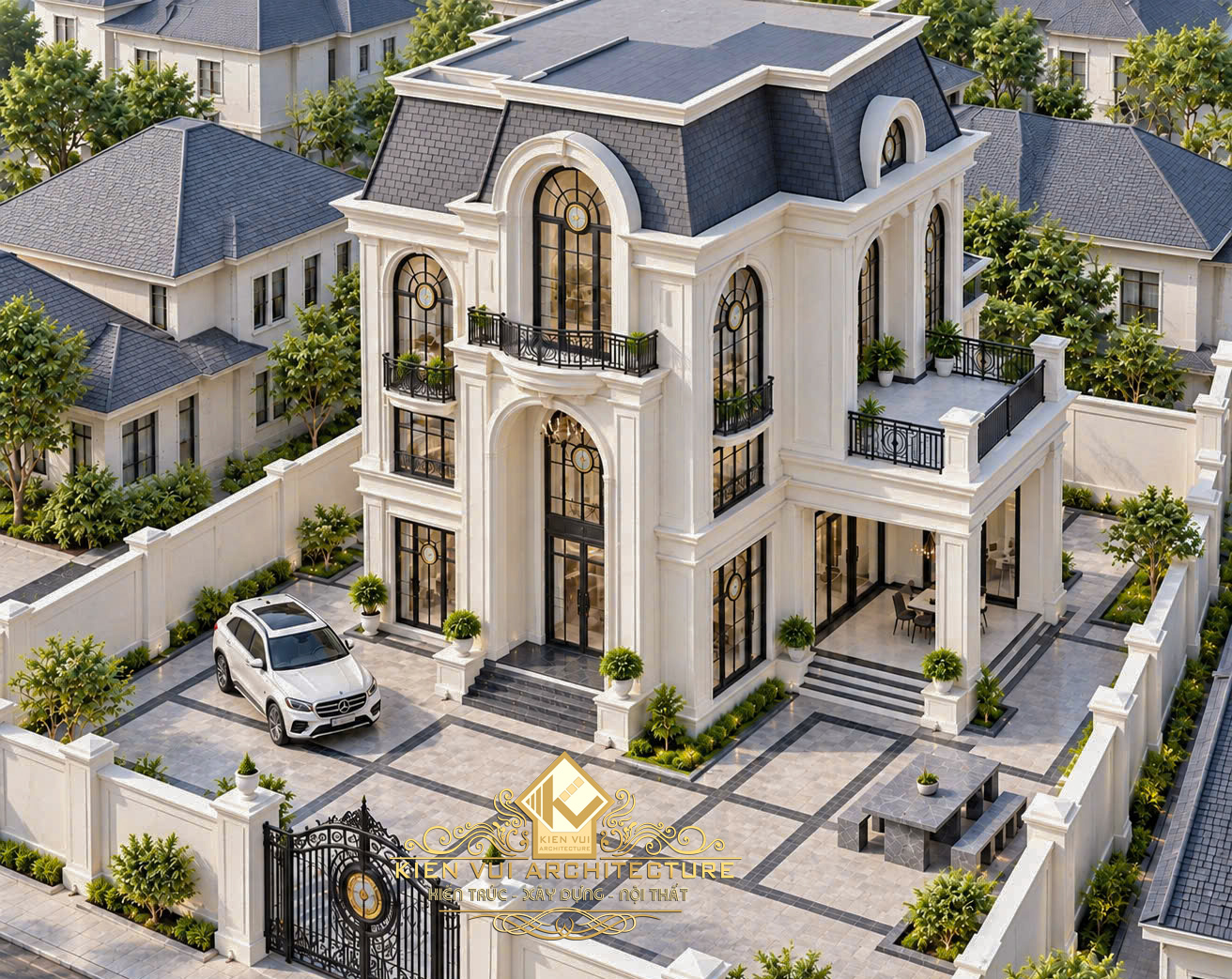 Phối cảnh góc cao biệt thự Chú Hải tại Di Linh với mái Mansard và sân trước