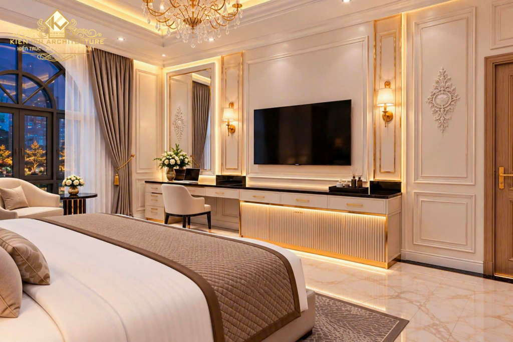 Thiết kế khách sạn với tivi treo tường, bàn làm việc và gương lớn đối diện giường ngủ