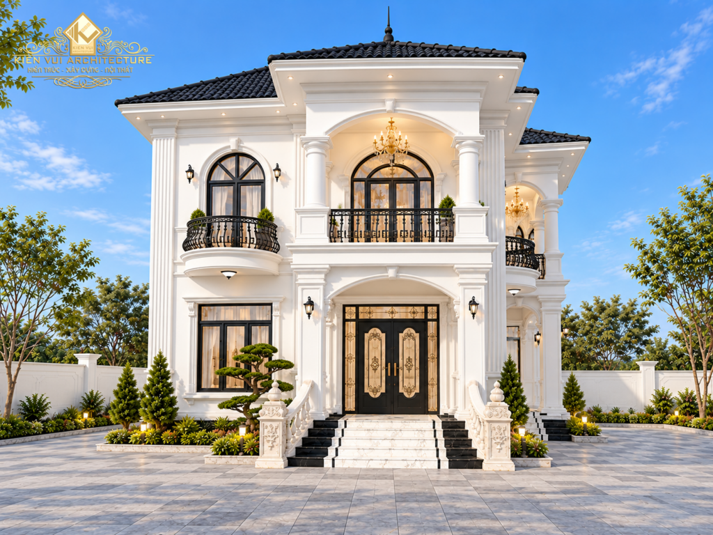 Mặt tiền chính diện biệt thự hai tầng mái ngói tối màu với cửa vòm và cầu thang lên sảnh.