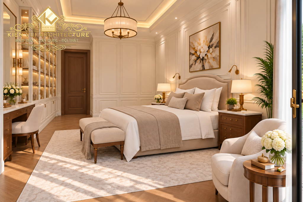 Thiết kế phòng ngủ master với giường đôi, ghế thư giãn và tủ áo cửa kính có đèn