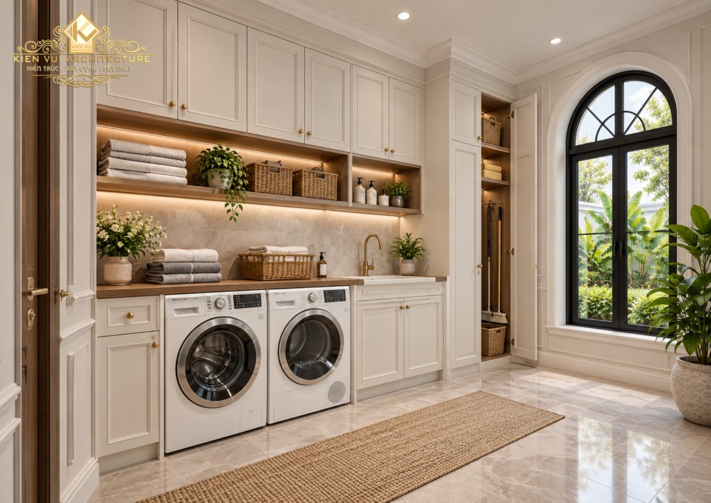 Khu giặt sấy biệt thự với máy giặt và máy sấy đặt cạnh nhau, tủ màu kem và cửa sổ vòm lớn