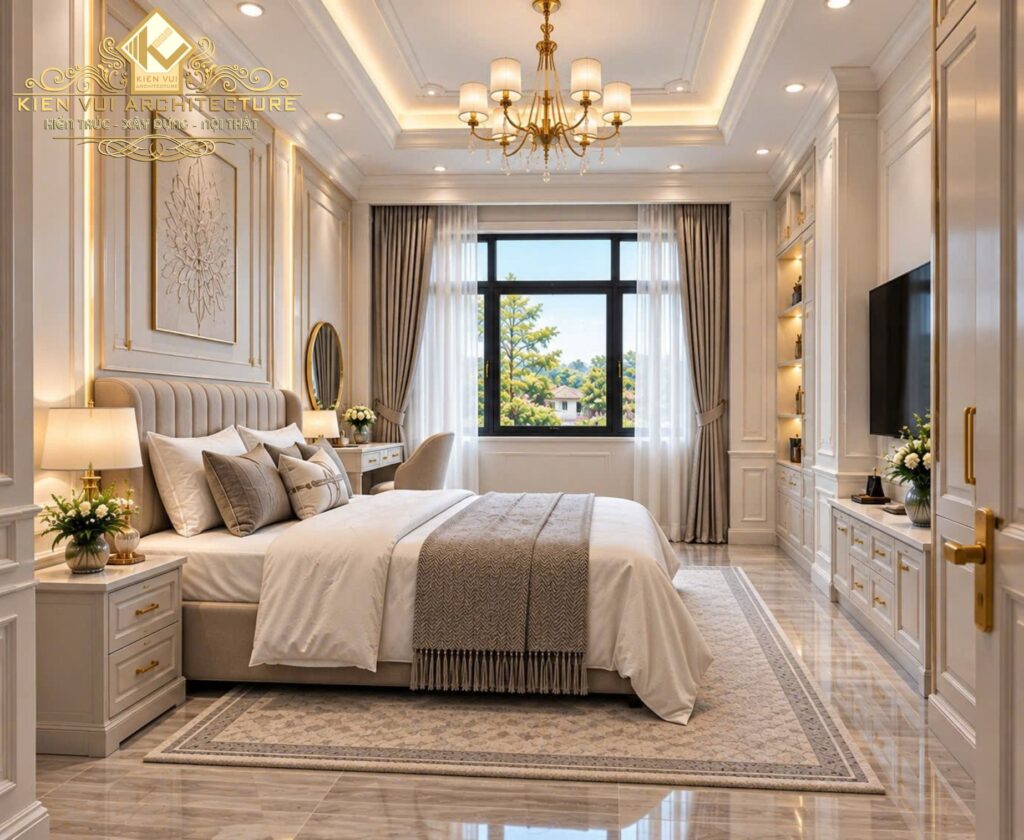 Góc nhìn phòng ngủ từ cửa vào với giường bọc nệm, cửa sổ lớn, bàn trang điểm và tivi đối diện.