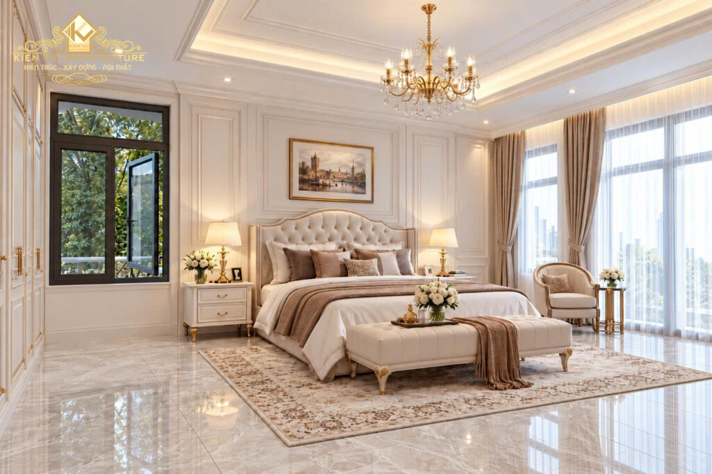 Góc rộng phòng ngủ màu be có cửa sổ bên giường và cửa kính lớn bên phải