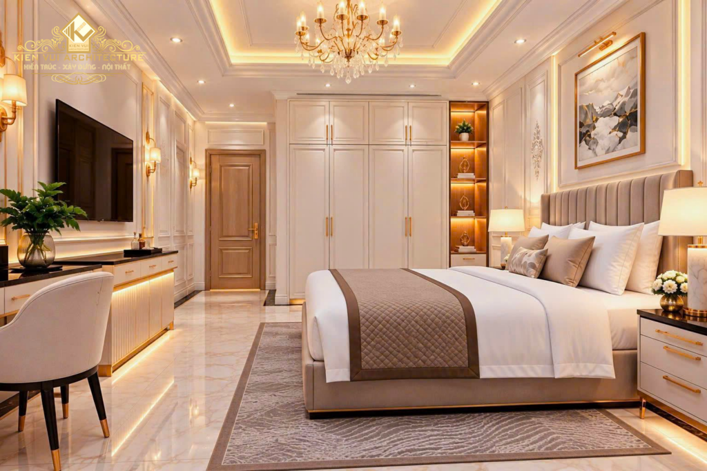 Thiết kế khách sạn với phòng ngủ giường đôi, tủ áo trắng và kệ trưng bày có đèn