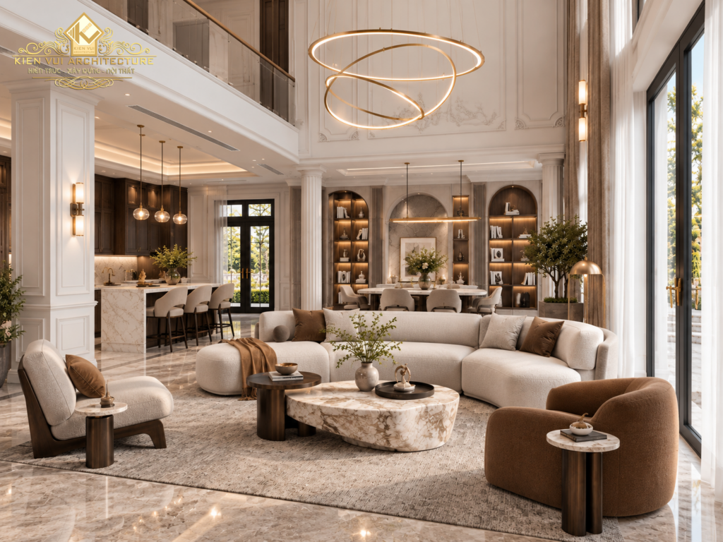 Góc nhìn rộng phòng khách thông tầng với sofa cong, ghế đơn và hệ tủ trang trí phía sau.