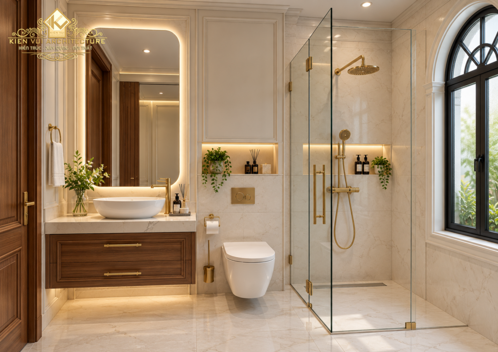 Góc chính diện phòng tắm với tủ lavabo gỗ, gương có đèn hắt, bồn cầu và khu tắm kính cạnh cửa sổ.