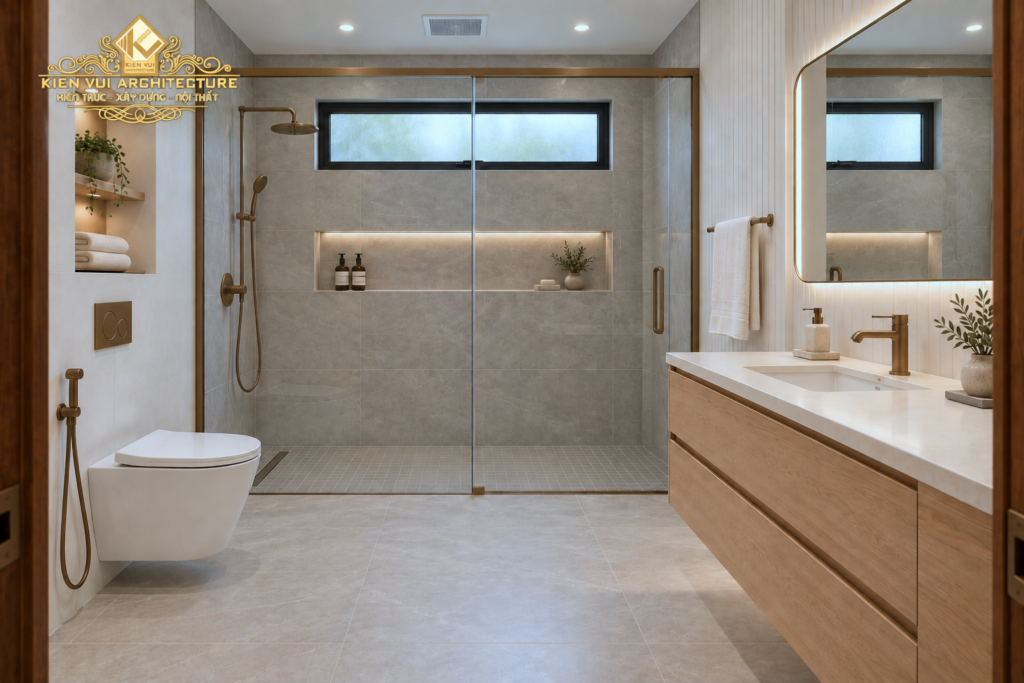 Phòng tắm có vách kính khu tắm đứng, tủ lavabo gỗ và cửa sổ ngang