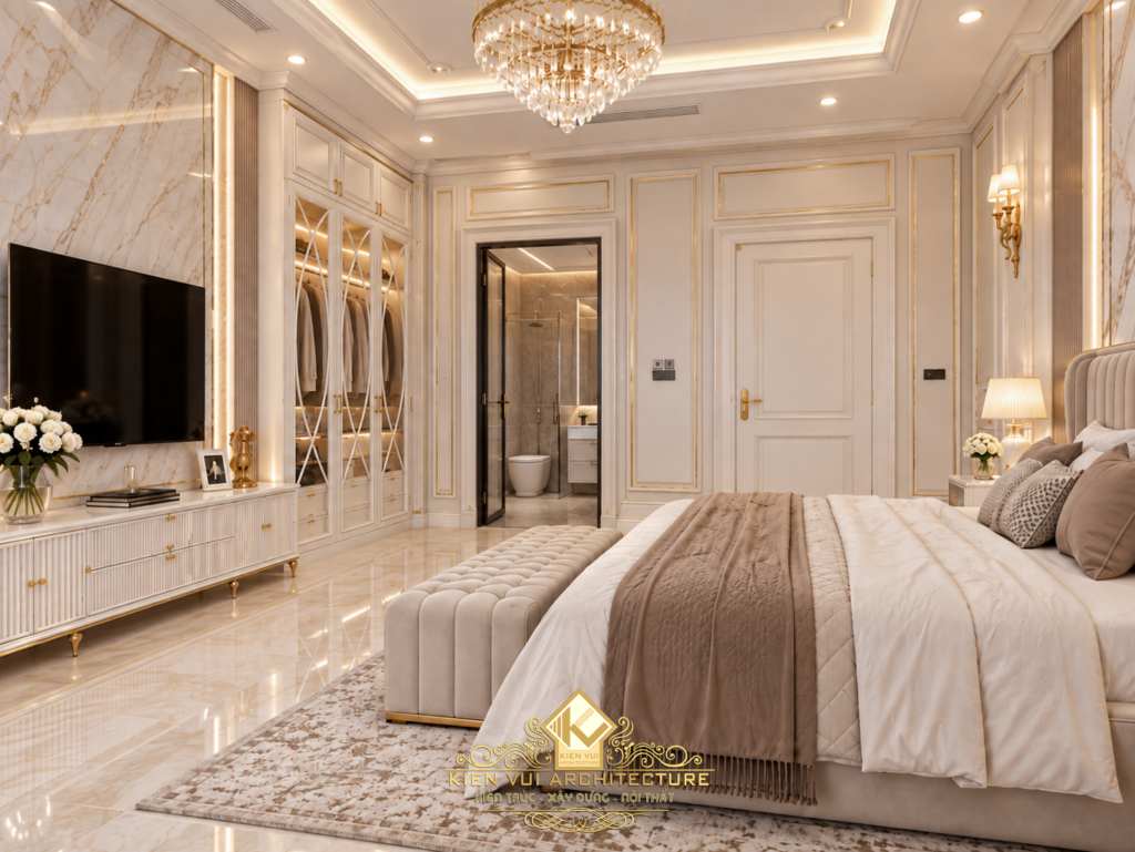 Góc nhìn phòng ngủ với kệ tivi bên trái và hệ tủ cánh kính