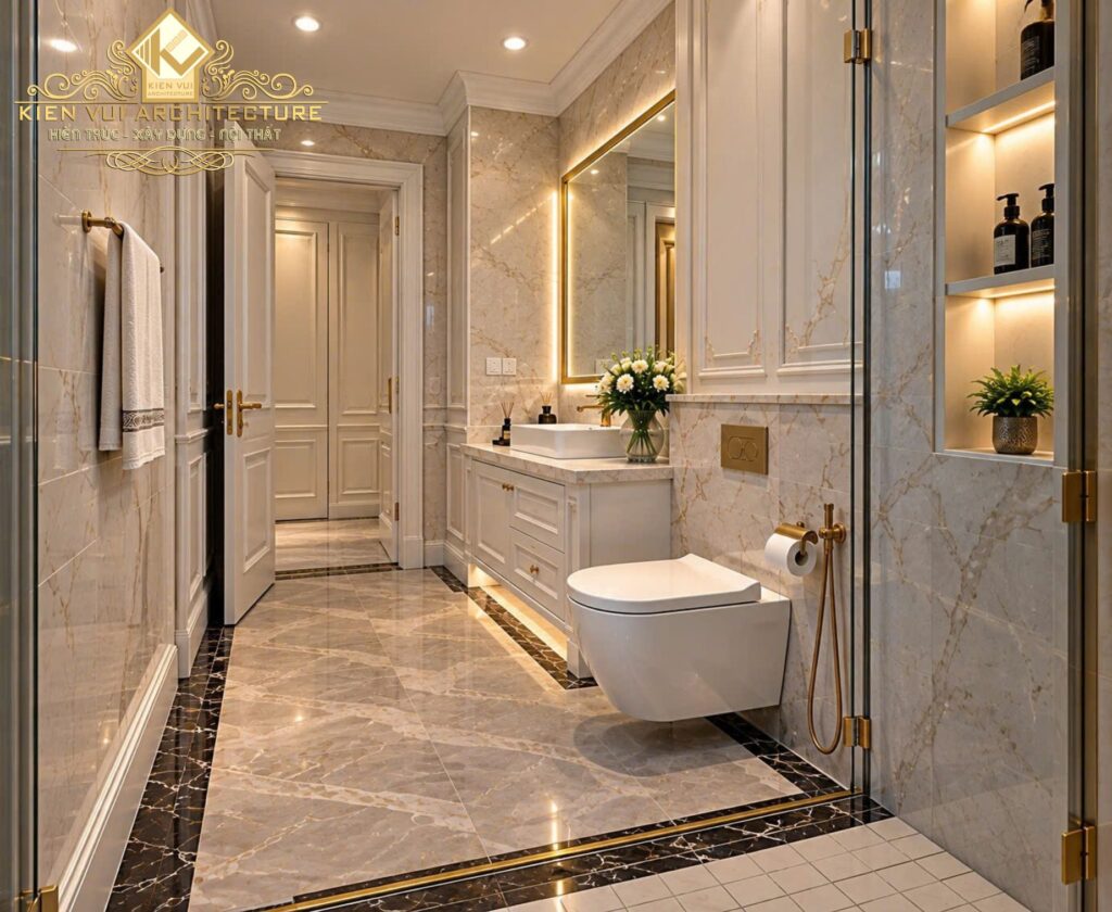 Phòng tắm biệt thự ốp đá sáng màu với lavabo có gương đèn hắt, bồn cầu treo và vách tắm kính.