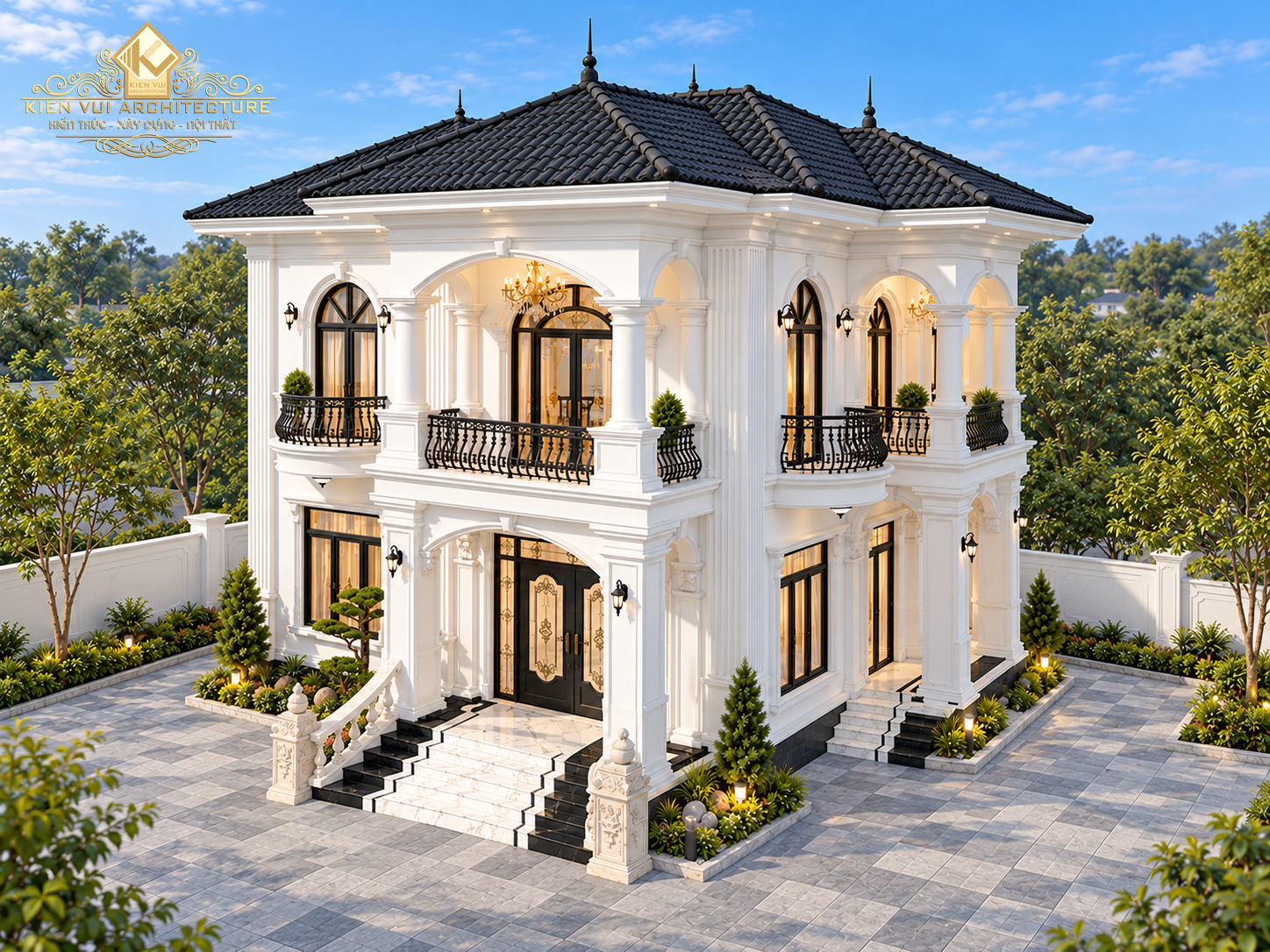 Phối cảnh từ trên cao biệt thự hai tầng với hệ mái ngói tối màu, cửa vòm và sân lát đá.