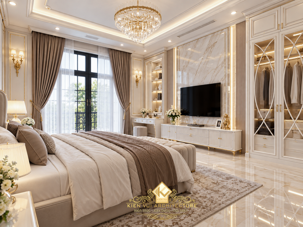 Phòng ngủ có cửa sổ rèm hai lớp và mảng tường đầu giường vân đá