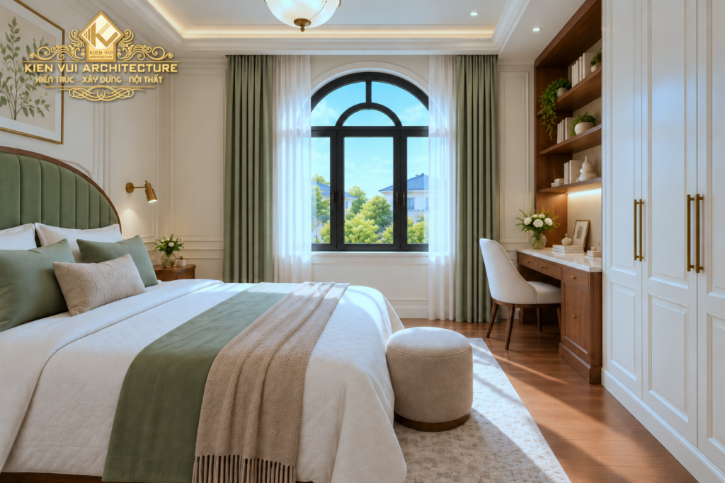 Góc chéo phòng ngủ với đầu giường xanh dịu, ghế đôn và cửa gỗ