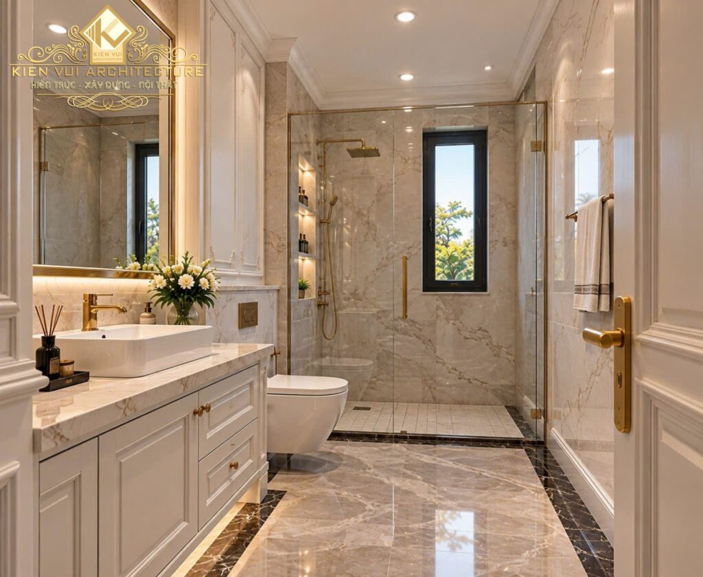 Góc nhìn từ cửa phòng tắm với tủ lavabo màu kem, gương lớn, bồn cầu và khu tắm kính phía cuối.