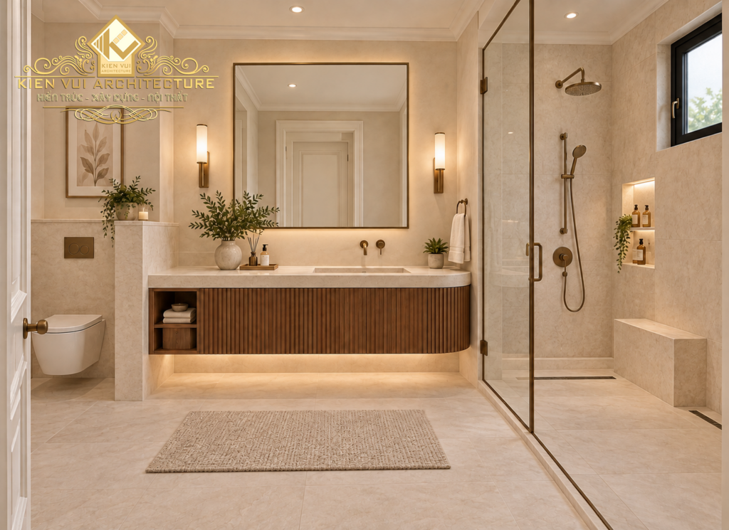 Phòng tắm nhìn chính diện với gương lớn, lavabo đôi và khu tắm đứng bên cửa sổ