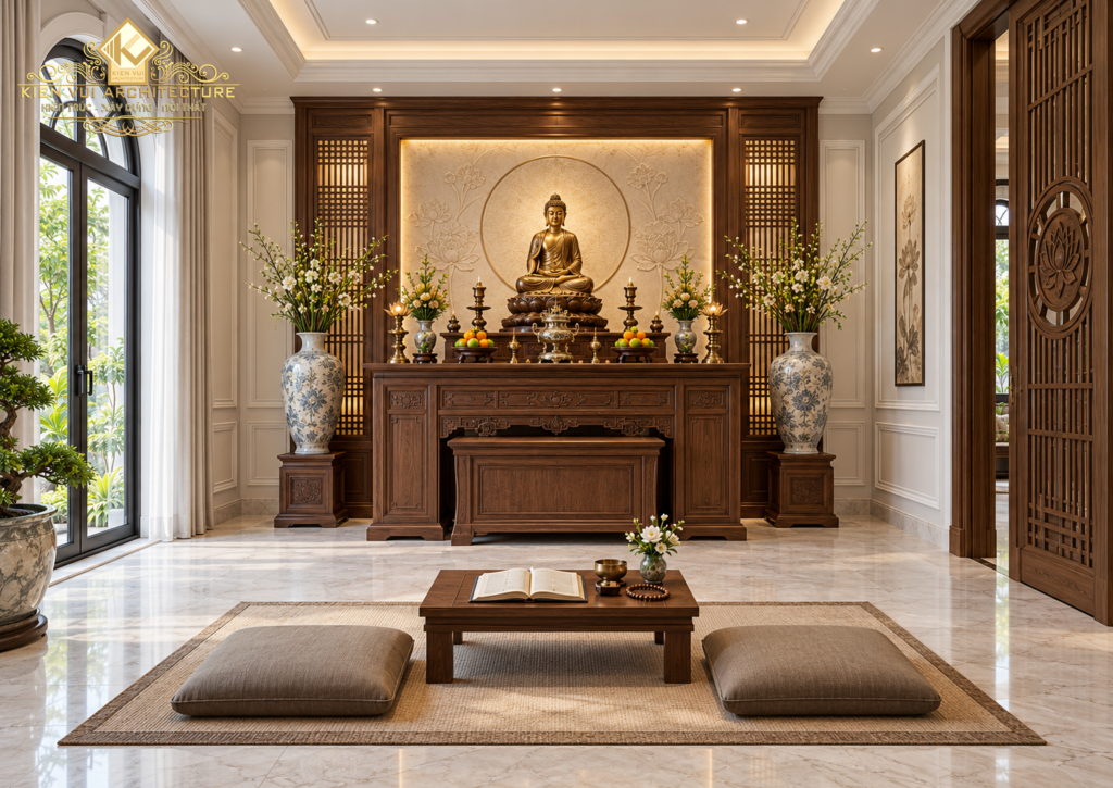 Phòng thờ Phật trong biệt thự với bàn thờ gỗ, tượng Phật, vách có đèn hắt và đệm ngồi trên sàn.