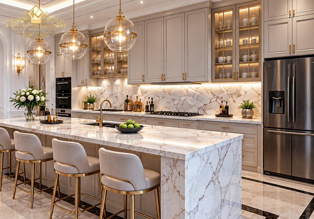 Đảo bếp mặt đá vân trắng với ghế cao bọc nệm, đèn thả thủy tinh và hệ tủ bếp màu kem.