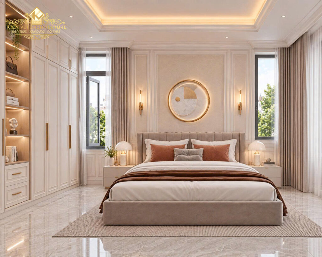 Giường với chăn nâu ấm dưới gương tròn, hai bên có cửa sổ và rèm
