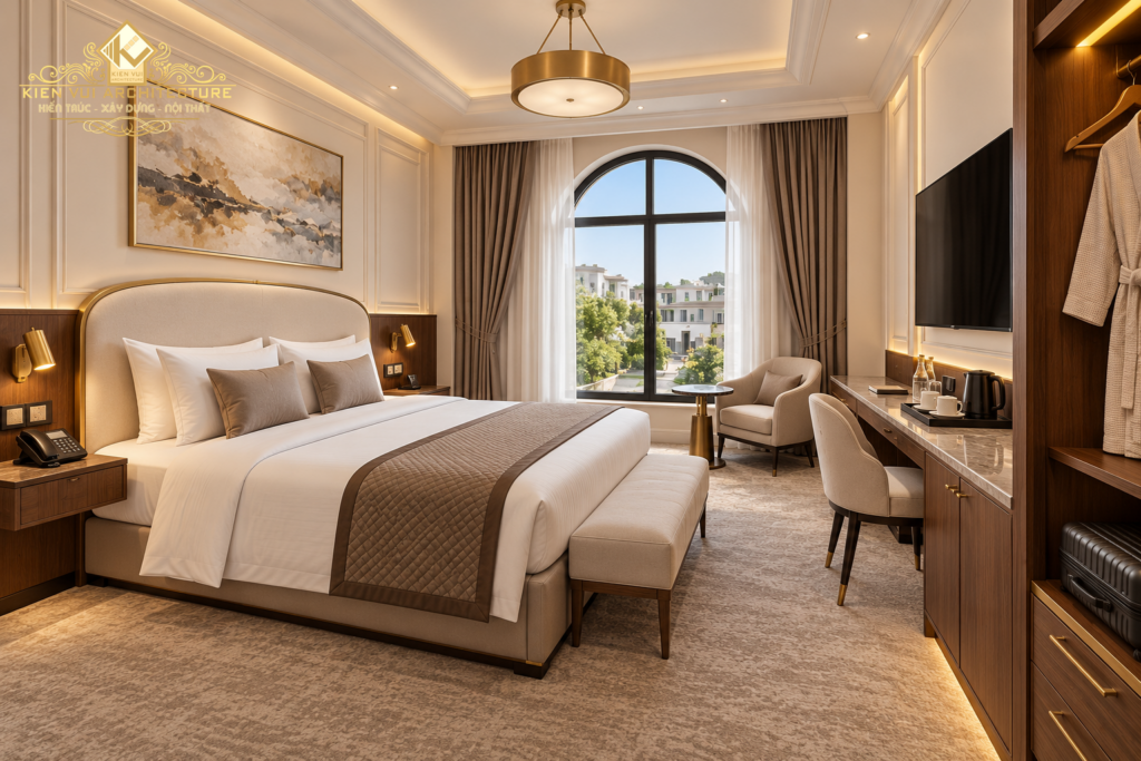 Thiết kế khách sạn với phòng ngủ giường đôi, đèn thả tròn và góc thư giãn bên cửa sổ vòm