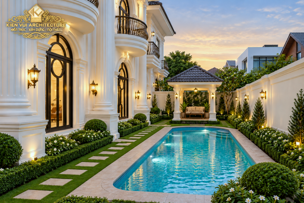Phối cảnh hồ bơi dài bên hông biệt thự, cạnh lối đi lát xen cỏ và hàng cây