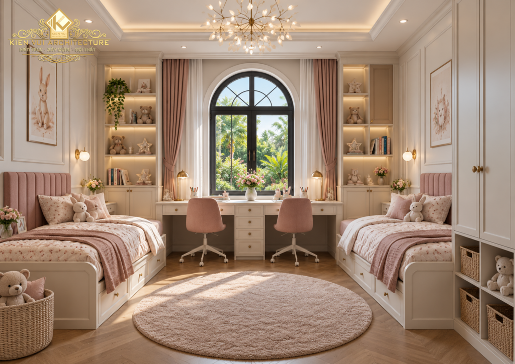 Phòng ngủ hai giường màu hồng phấn với bàn học đôi dưới cửa sổ vòm, tủ kệ và thảm tròn.