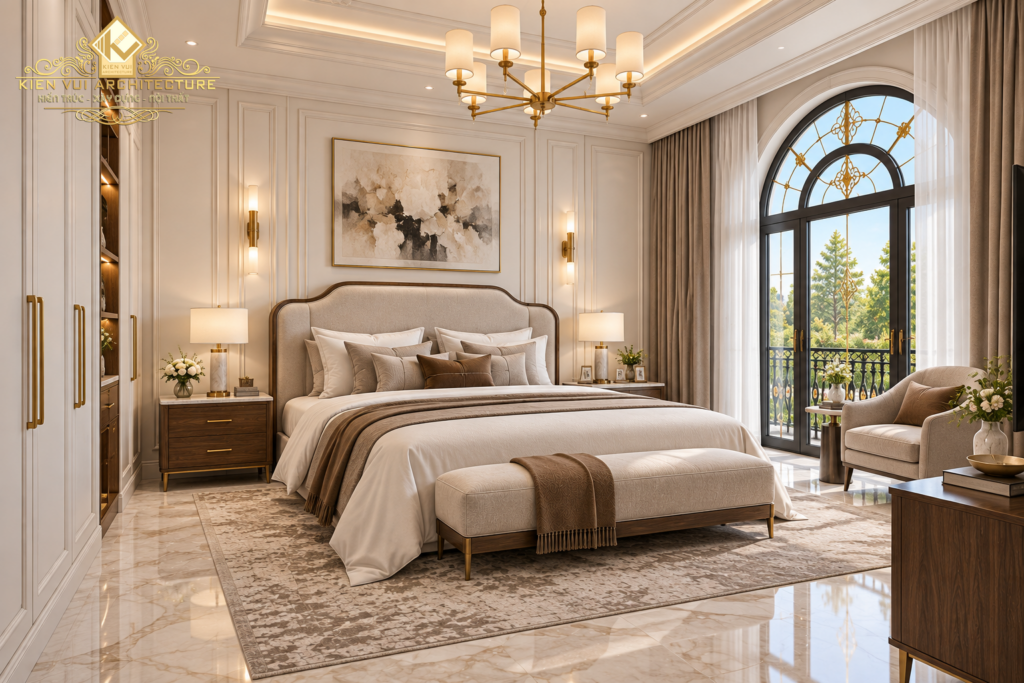 Phòng ngủ biệt thự với giường bọc nệm, ghế cuối giường, cửa vòm lớn và ghế thư giãn bên cửa.