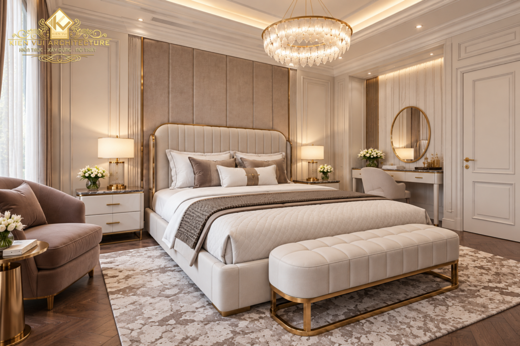 Góc chéo phòng ngủ tông taupe với giường nệm, ghế cuối giường, ghế thư giãn và bàn trang điểm gương tròn.