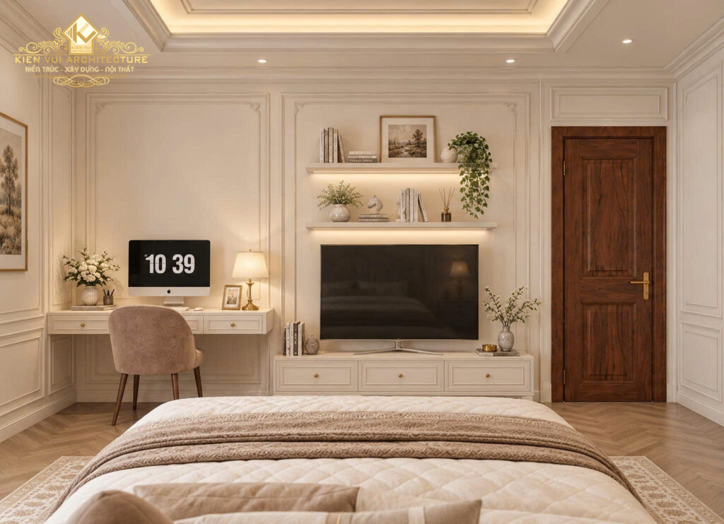 Góc nhìn từ giường về bàn làm việc, kệ TV và giá sách màu kem