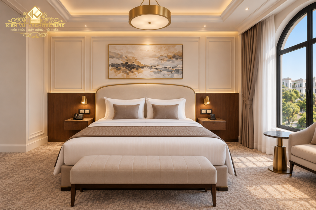 Thiết kế khách sạn với giường đôi nhìn chính diện, ghế cuối giường và tranh phía đầu giường