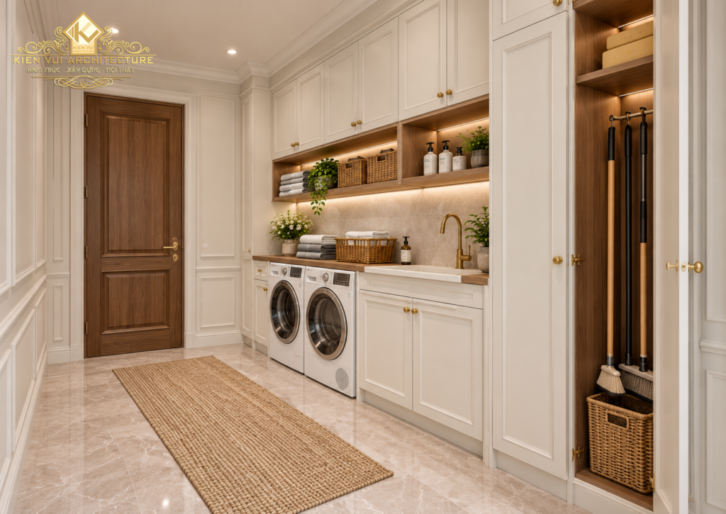 Góc nhìn từ cửa vào khu giặt sấy với hệ tủ kem, kệ mở có đèn hắt và hai máy cửa trước.