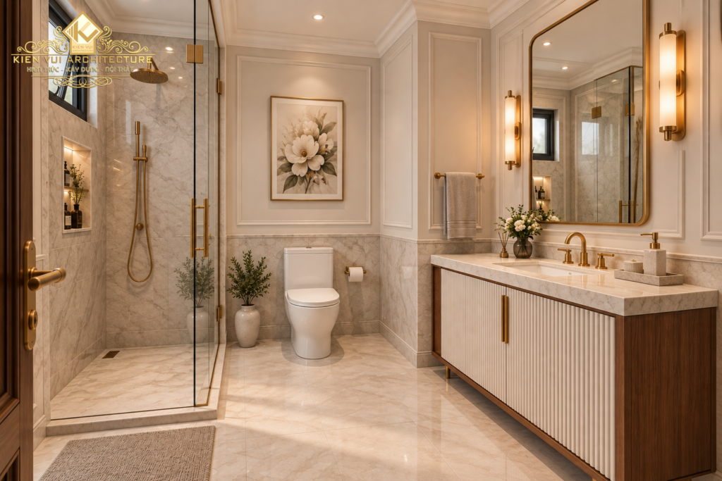 Góc nhìn từ cửa vào phòng tắm biệt thự với khu tắm kính, bồn cầu và gương lavabo có đèn hắt.
