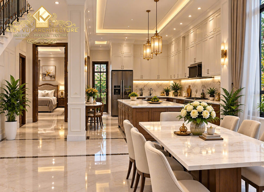 Góc nhìn từ bàn ăn về bếp biệt thự với đảo bếp và hệ đèn thả trên mặt bàn