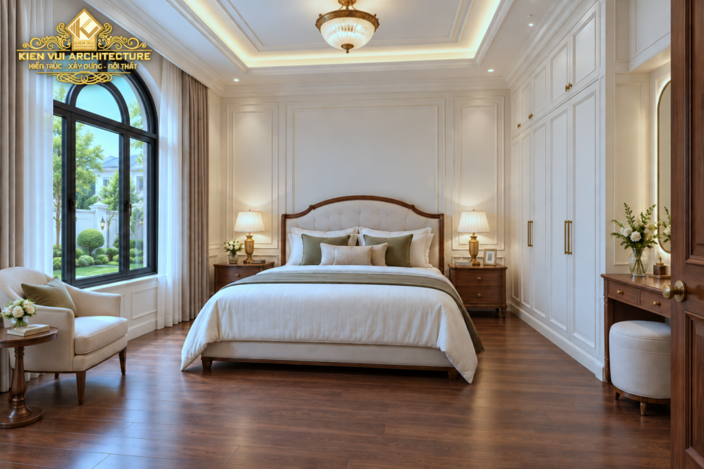 Góc phòng ngủ với giường nhấn xanh dịu, tủ áo trắng và cửa sổ vòmGóc phòng ngủ với giường nhấn xanh dịu, tủ áo trắng và cửa sổ vòm