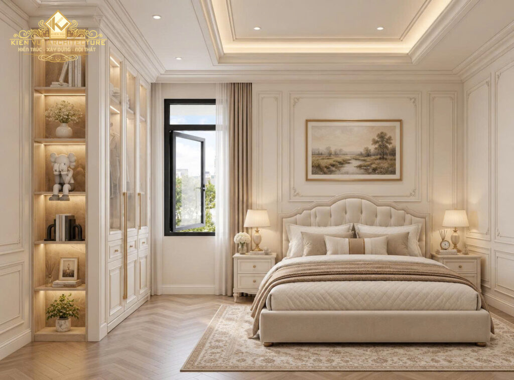 Phòng ngủ màu kem với đầu giường bọc nệm và tủ cao có khoang trưng bày