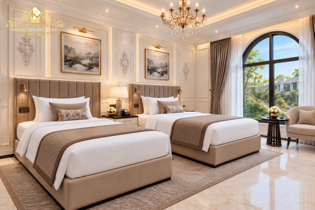 Thiết kế khách sạn với phòng hai giường đơn, đèn chùm và ghế thư giãn bên cửa sổ vòm