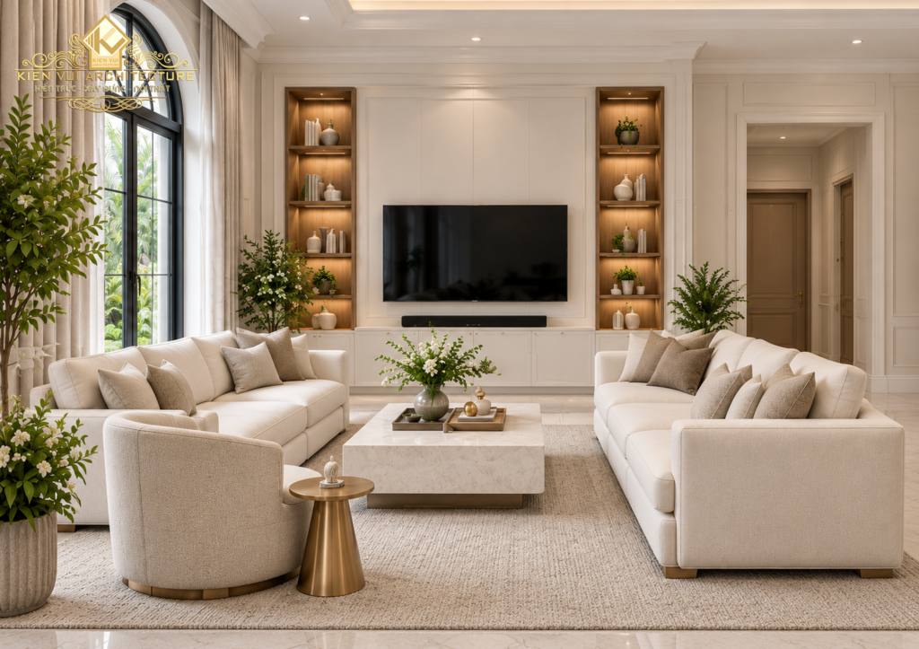 Phòng khách biệt thự với hai sofa màu kem đối diện nhau, bàn trà đá và tivi giữa hai kệ trưng bày.