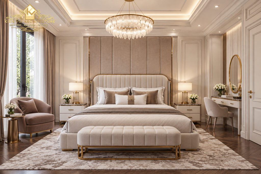 Góc chính diện phòng ngủ tân cổ điển với giường nệm, ghế cuối giường, ghế thư giãn và bàn trang điểm.