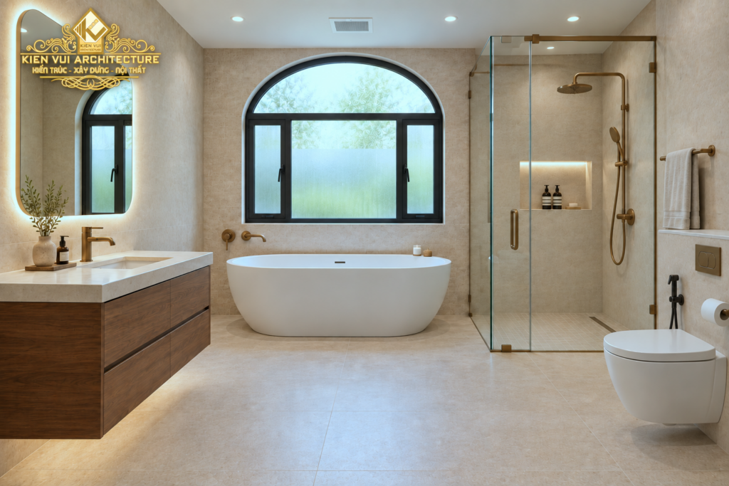Phòng tắm có bồn tắm dưới cửa sổ vòm, gương lavabo và khu tắm kính