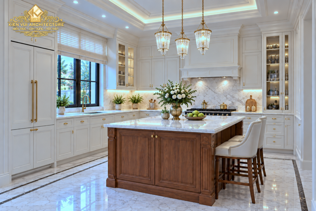 Bếp tủ trắng kem với đảo bếp màu gỗ, ghế cao và cửa sổ trên chậu rửa