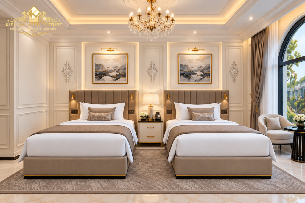 Thiết kế khách sạn với hai giường đơn bố trí song song, tab đầu giường ở giữa và tranh trang trí