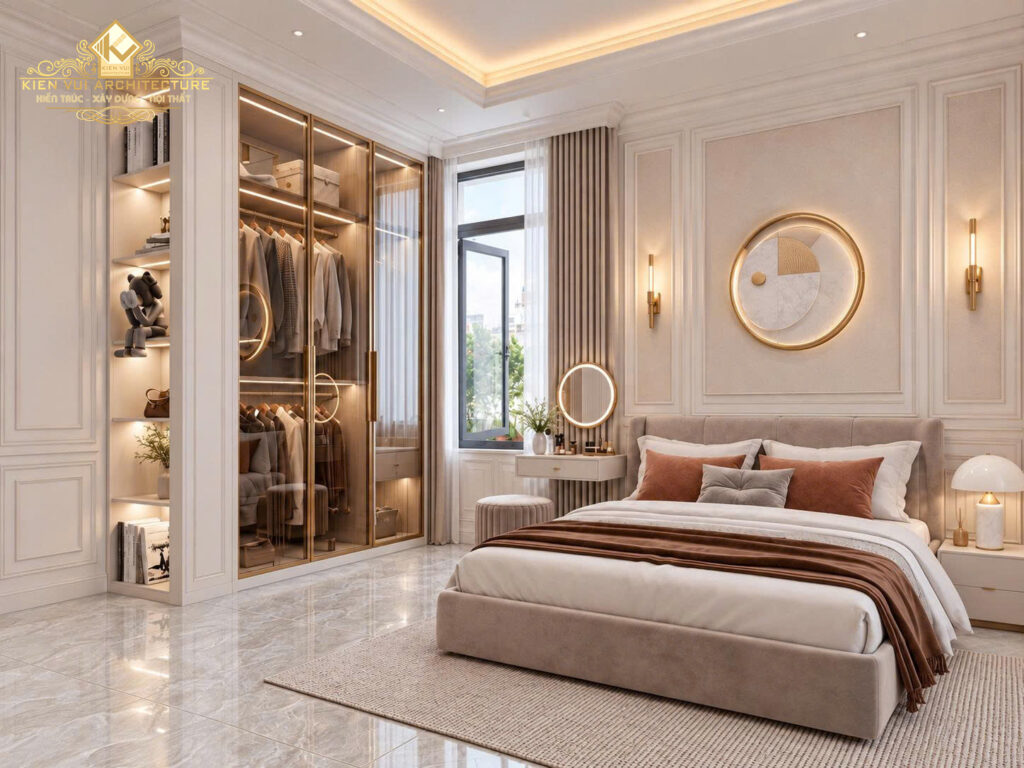 Phòng ngủ với chăn nâu, gương tròn và hệ tủ trưng bày có ánh sáng ấm