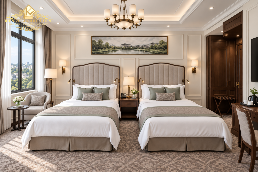 Thiết kế khách sạn với phòng hai giường đơn, đầu giường bo cong và tranh phong cảnh