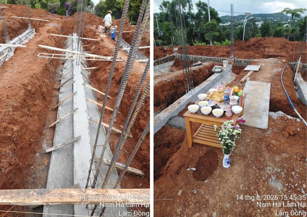 Cận cảnh tuyến bê tông và thép chờ đứng tại khu vực móng và Các tuyến móng và vật tư tại mặt bằng công trường.